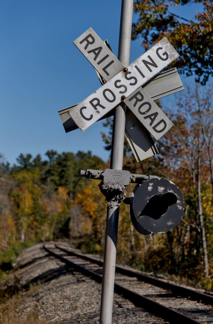 A Railroad Crossing sign in front of an abandoned railroad.